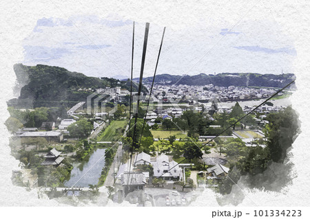 水彩画風　岩国　岩国城ロープウェイからの吉香公園　山口県岩国市 101334223
