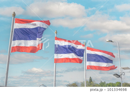 thailand flag. Image of waving three Thai flags of Thailand with blue sky background. 101334698