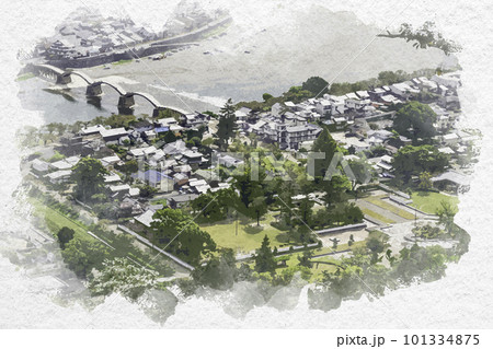 水彩画風　岩国　吉香公園　山口県岩国市 101334875