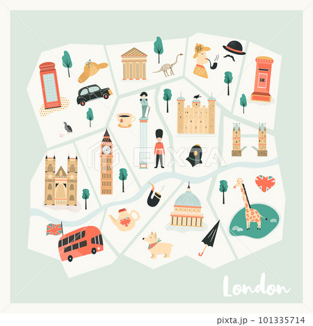 Illustrated map of London with landmarks, symbols 101335714