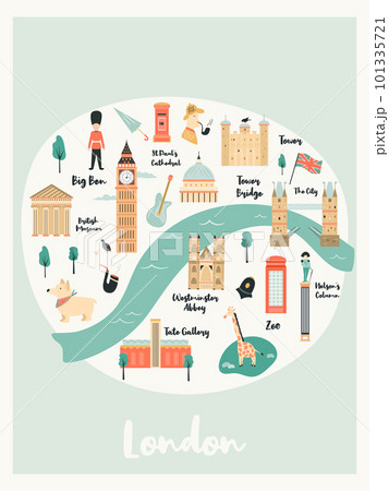 Illustrated map of London with landmarks, symbols Illustrated map of London with landmarks, symbols 101335721