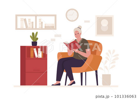 Granny reading a book on the couch. Illustrations for websites, landing pages, mobile apps, posters and banners. Trendy flat vector illustration 101336063