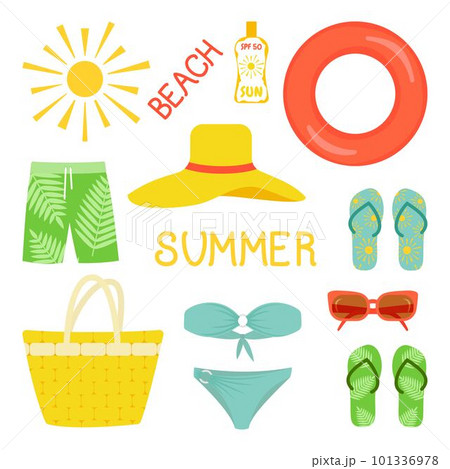 Collection of Cartoon summer elements. Beach, summer accessory. Collection of Cartoon summer elements. Beach, summer accessory. 101336978