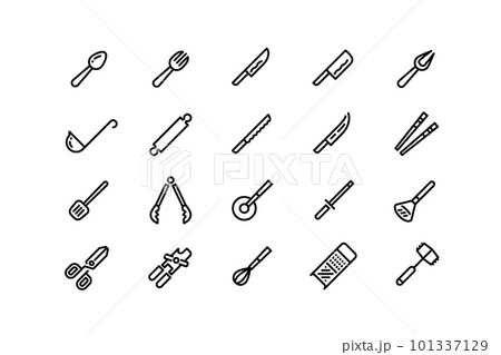 Kitchen utensils line icons. Spoon knives grater canning and pizza roll knife outline symbols, hammer for pounding meat. Vector cooking accessories set editable stroke Kitchen utensils line icons. Spoon knives grater canning and pizza roll knife outline symbols, hammer for pounding meat. Vector cooking accessories set editable stroke 101337129