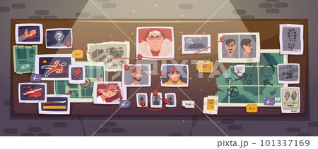 Cartoon detective board. Police cork pinboard with evidence victim photo accident information, crime investigation plan and equipment. Vector flat set Cartoon detective board. Police cork pinboard with evidence victim photo accident information, crime investigation plan and equipment. Vector flat set 101337169
