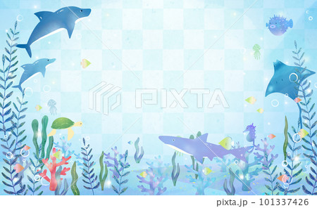 イルカやクラゲや魚などのいる海の中の風景の海の北欧風かわいいベクター白バックフレームイラスト素材 101337426