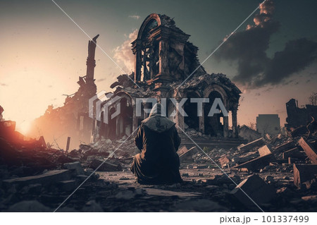 Praying man hoping for better. Asking God for good luck, success, forgiveness. Power of religion, belief, worship. Holding hands in prayer, eyes closed. High quality 3d illustration 101337499