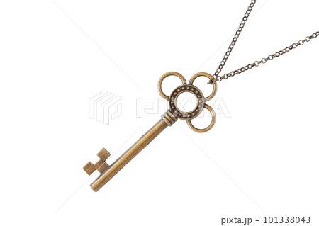 Old simple key on a chain, isolated on white, macro. 101338043