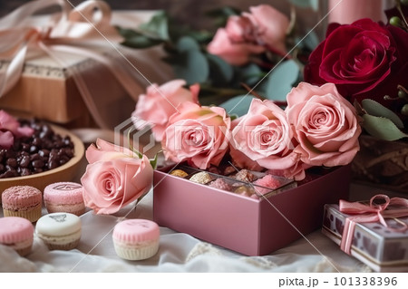 Composition with handmade soap and roses. Festive spa background. Generative AI illustration 101338396