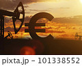 Sing ruble and oil sign against backdrop of beautiful sunset. Purchase and sale of crude oil for ruble. 101338552