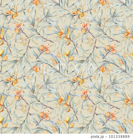 Pattern with orange sea buckthorn. Sea buckthorn for healthy life and design background. Hand painted. Botanical natural. Seamless pattern, an illustration for postcards, posters, textile design. 101338889