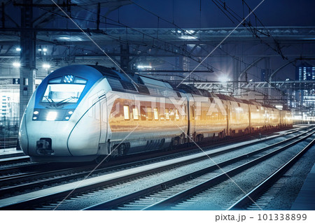 Modern high speed train at night. Fast train in city with motion blur effect, Public transport. Railway transportation. Created with Generative AI Modern high speed train at night. Fast train in city with motion blur effect, Public transport. Railway transportation. Created with Generative AI 101338899
