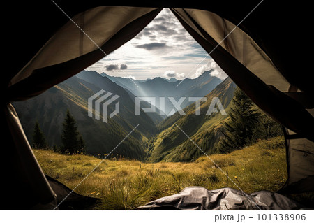 Amazing view from inside tent to mountain landscape. Camping during hike in mountains, outdoor activities. Created with Generative ai 101338906