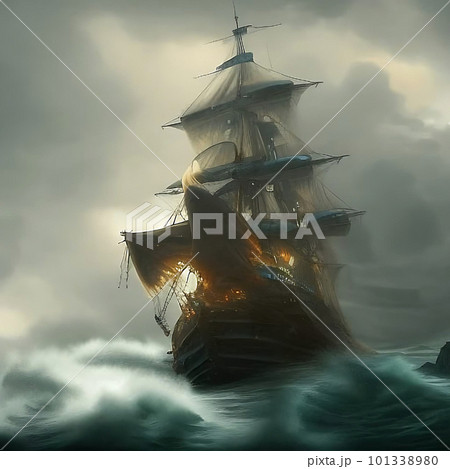 A huge ship sails on a stormy sea. AI generated. A huge ship sails on a stormy sea. AI generated. 101338980