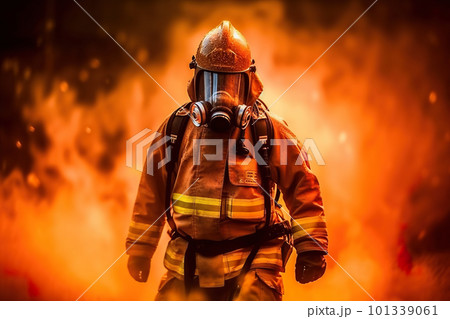 A firefighter struggling the fire at work, AI generative image 101339061