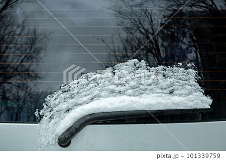 windshield wiper of the rear window of a car covered with a layer of snow thawed from the glass as a result of heating with heating strips, close-up. 101339759