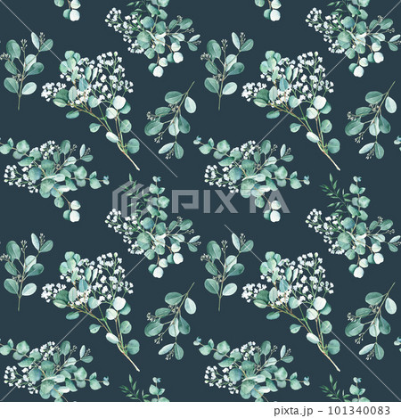 Seamless watercolor pattern with eucalyptus, gypsophila and pistachio branches on dark blue background. Can be used for gift wrapping paper, kitchen textile and fabric prints. 101340083