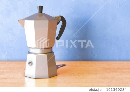 Coffee Maker, Moka Pot on the wooden table. 3D rendering Coffee Maker, Moka Pot on the wooden table. 3D rendering 101340284