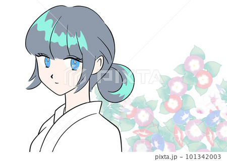 まとめ髪の女性 朝顔 白背景 イラスト 着物を着た女性 まとめ髪の女性 朝顔 白背景 イラスト 着物を着た女性 101342003
