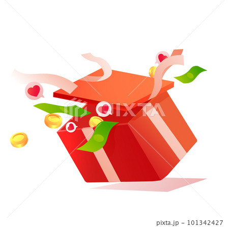 Red gift box with ribbon. Bonuses money with earn points for the loyalty program. Vector illustration. Birthday concept. Surprise present 101342427