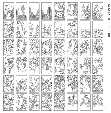 花札　線画　絵札　セット　モノクロ 101343949