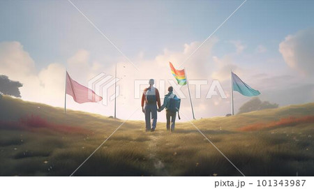 青空の中ではためくLGBTQのレインボーの旗（Generative AI） 101343987