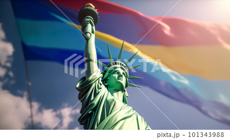 青空の中ではためくLGBTQのレインボーの旗と自由の女神・アメリカ（Generative AI） 101343988