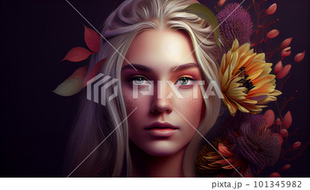 花と金髪の女性の美容イメージ（コスメ・エステ・髪の毛・美容室・ヘアケア・Generative AI） 101345982