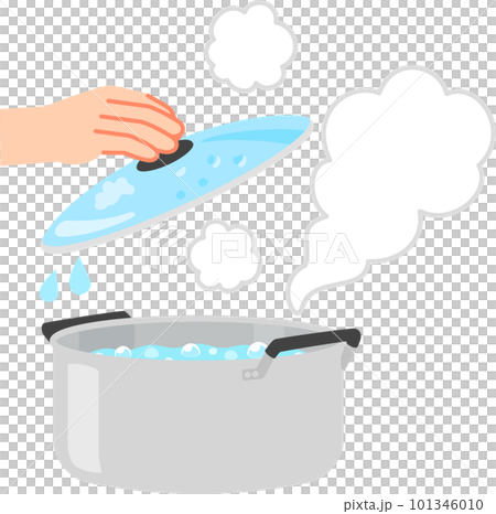 A hand opening the lid of a pot of boiling water A hand opening the lid of a pot of boiling water 101346010