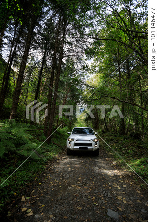 Driving off road car in the high altitude mountain forest Driving off road car in the high altitude mountain forest 101346477