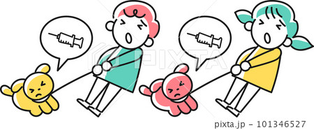 注射を嫌がる仔犬とリードを引っ張る子供 101346527