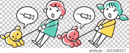 注射を嫌がる仔犬とリードを引っ張る子供 101346527