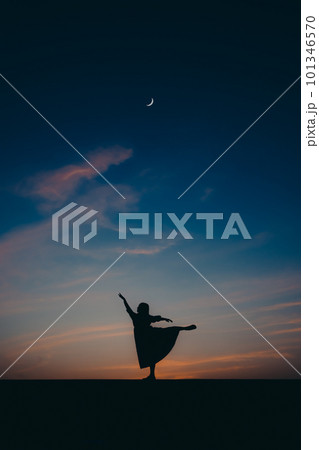 夕焼けに佇むシルエットの女性 101346570