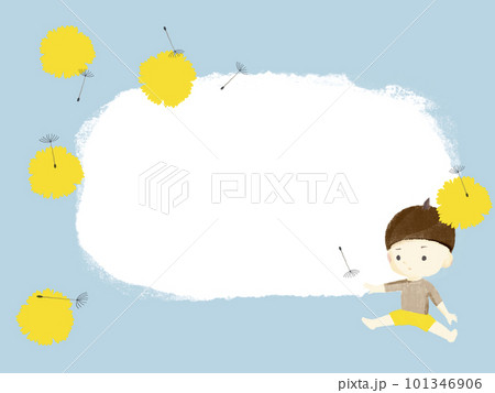 たんぽぽの花や綿毛と遊ぶ小さな男の子のフレームコピースペースあり 101346906