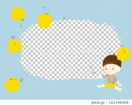 たんぽぽの花や綿毛と遊ぶ小さな男の子のフレームコピースペースあり 101346906