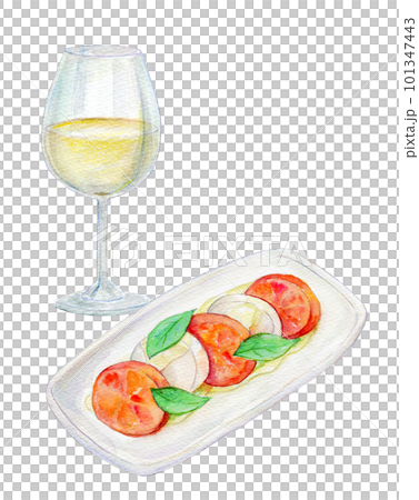 ワインとカプレーゼのセット　水彩イラスト 101347443