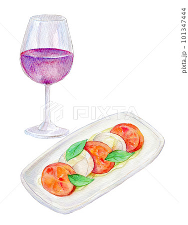 ワインとカプレーゼのセット　水彩イラスト 101347444