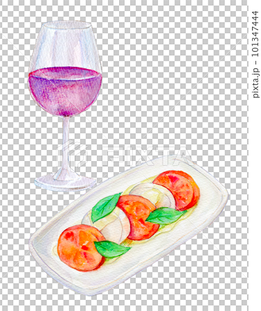 ワインとカプレーゼのセット　水彩イラスト 101347444
