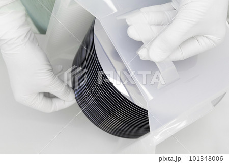 Gloved Hand Holding a Silicon Wafer in plastic holder box used in electronics for the fabrication of integrated circuits. Silicon wafer inspection. Gloved Hand Holding a Silicon Wafer in plastic holder box used in electronics for the fabrication of integrated circuits. Silicon wafer inspection. 101348006