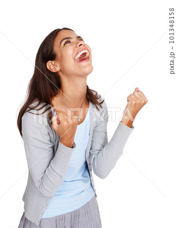 Success, wow and winner girl in studio with career victory, surprise and milestone with excited scream. Celebration, happiness and achievement of young business woman on isolated white background. 101348158