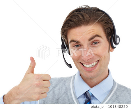 Contact us, crm worker portrait and thumbs up hand sign of consultant help showing support. Thank you, success and yes hands gesture of customer service employee happy with white background mockup 101348220