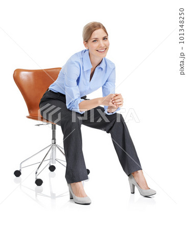Portrait, smile and business woman on chair in studio isolated on white background. Ceo, boss and happy, confident and proud female employee from Canada sitting on seat with vision or success mindset Portrait, smile and business woman on chair in studio isolated on white background. Ceo, boss and happy, confident and proud female employee from Canada sitting on seat with vision or success mindset 101348250