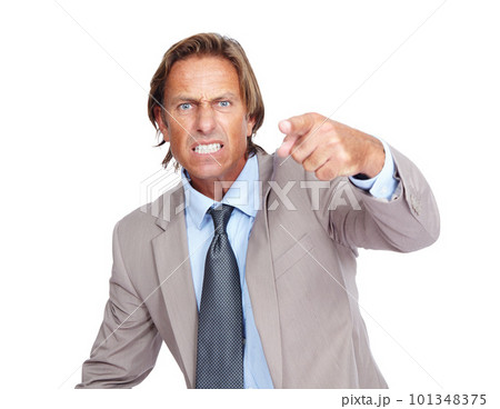 Hand point, angry and corporate man portrait of a business manager feeling frustrated. Isolated, white background and anger of a upset ceo person from work in a suit with job problems and conflict Hand point, angry and corporate man portrait of a business manager feeling frustrated. Isolated, white background and anger of a upset ceo person from work in a suit with job problems and conflict 101348375