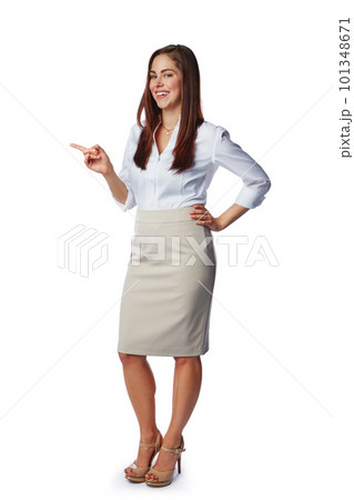 Smile, pointing and body portrait of woman with mockup, product placement and isolated on white background. Advertising, marketing promotion and space, happy woman and product launch news in studio. Smile, pointing and body portrait of woman with mockup, product placement and isolated on white background. Advertising, marketing promotion and space, happy woman and product launch news in studio. 101348671