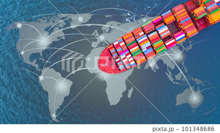 Container ship carrying container for business freight shipping import and export, Aerial view container ship arriving in commercial port. Container ship carrying container for business freight shipping import and export, Aerial view container ship arriving in commercial port. 101348686