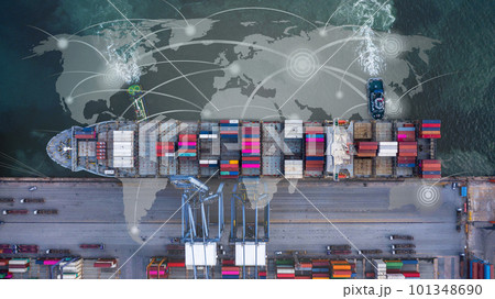 Aerial top view container ship in export and import global business and logistics, Shipping cargo comercial dock by crane, Container cargo freight shipping vessel. Aerial top view container ship in export and import global business and logistics, Shipping cargo comercial dock by crane, Container cargo freight shipping vessel. 101348690