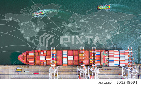 Container ship loading in a port, Aerial top view container ship in business import export transportation logistic. Container ship loading in a port, Aerial top view container ship in business import export transportation logistic. 101348691