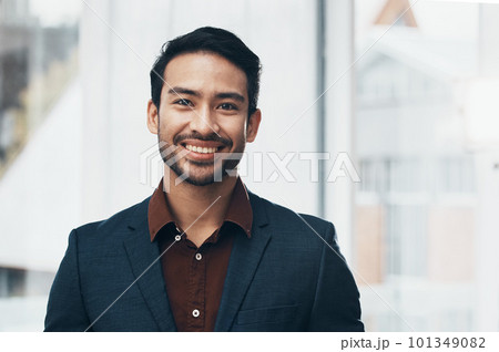 Office portrait, leader or happy business man, manager or CEO smile for startup company success. Management pride, corporate employee or face of confident worker, businessman or professional designer 101349082