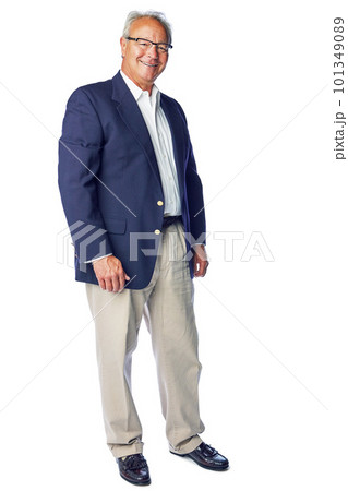 Portrait, happy and senior businessman in studio for vision, mission and work on white background. Elderly, ceo and man standing and proud of business success or startup, posing and isolated 101349089