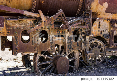 Abandoned train at the Train Graveyard in the Bolivia Salt Flats Abandoned train at the Train Graveyard in the Bolivia Salt Flats 101349382